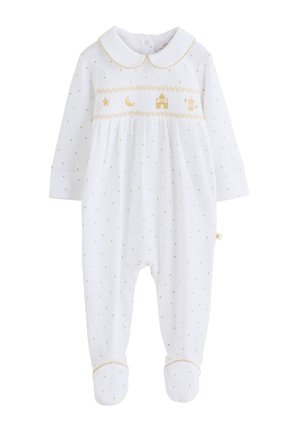Biały body niemowlęcy z długim rękawem z wzorem złotych gwiazdek, złotym księżycem, gwiazdą, zamkiem i haftem latarni oraz kołnierzykiem w stylu Peter Pan.