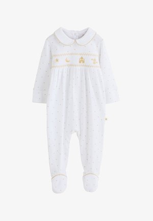 Body de bebé blanco de manga larga con estampado de estrellas doradas, luna dorada, estrella, castillo y bordado de linterna, y cuello de Peter Pan.