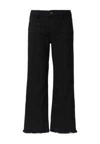 Jean noir à jambe large avec un ourlet brut, design à cinq poches et fermeture à bouton avant. Fabriqué en tissu en denim au toucher lisse.