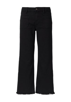 Schwarze weite Jeans mit rohem Saum, Fünf-Taschen-Design und Knopfverschluss vorne. Aus Denim-Stoff mit glatter Textur gefertigt.