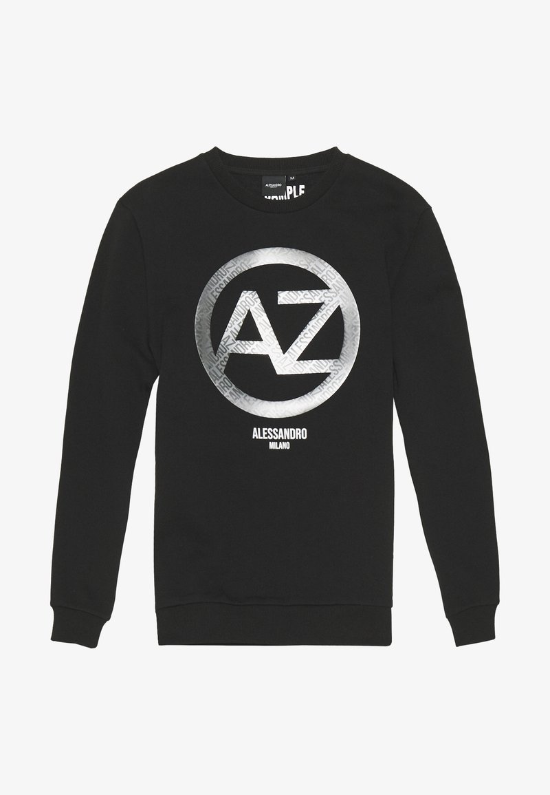 Sweatshirt noir en coton, avec un grand logo circulaire argenté affichant "AZ" et le texte "ALLESSANDRO MILANO" en blanc en dessous.