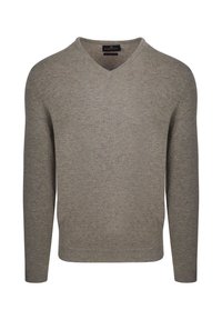 Lichtgrijze sweater met lange mouwen en een V-hals ontwerp. Gemaakt van een zachte stof, met een gladde textuur en minimale details.