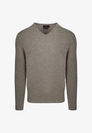 Lichtgrijze sweater met lange mouwen en een V-hals ontwerp. Gemaakt van een zachte stof, met een gladde textuur en minimale details.