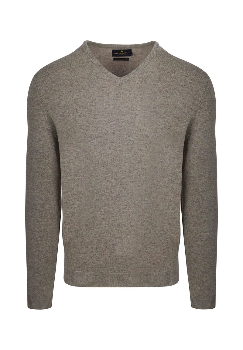 Lichtgrijze sweater met lange mouwen en een V-hals ontwerp. Gemaakt van een zachte stof, met een gladde textuur en minimale details.
