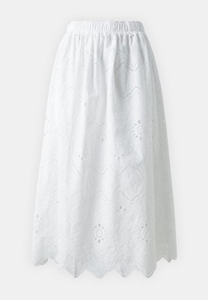 Hvit bomullskjole med elastisk midje, med et mønstrete øylet design og en bølget kant. Lett stoff med teksturerte detaljer.