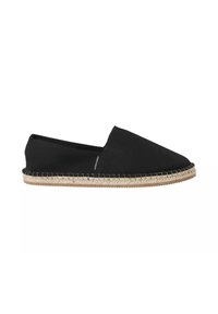 Black canvas espadrille with a pointed toe, jute rope sole, and contrasting stitching details along the edge. Flat and lightweight design.