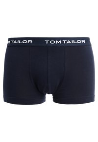 Navyblaue Baumwollunterhosen mit einem TOM TAILOR-Logo am elastischen Bund. Sie haben eine enganliegende Passform und eine glatte Textur. Keine zusätzlichen Muster.