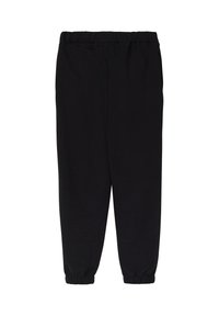 Zwarte tapered joggers van zacht materiaal, voorzien van een elastische tailleband en aansluitende boorden bij de enkels voor een comfortabele pasvorm.