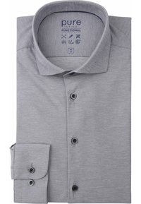 Grijs button-up shirt gemaakt van textuurstof, met een spread collar, blauwe accenten en twee zwarte knopen op de voorkant van de placket en de manchetten.