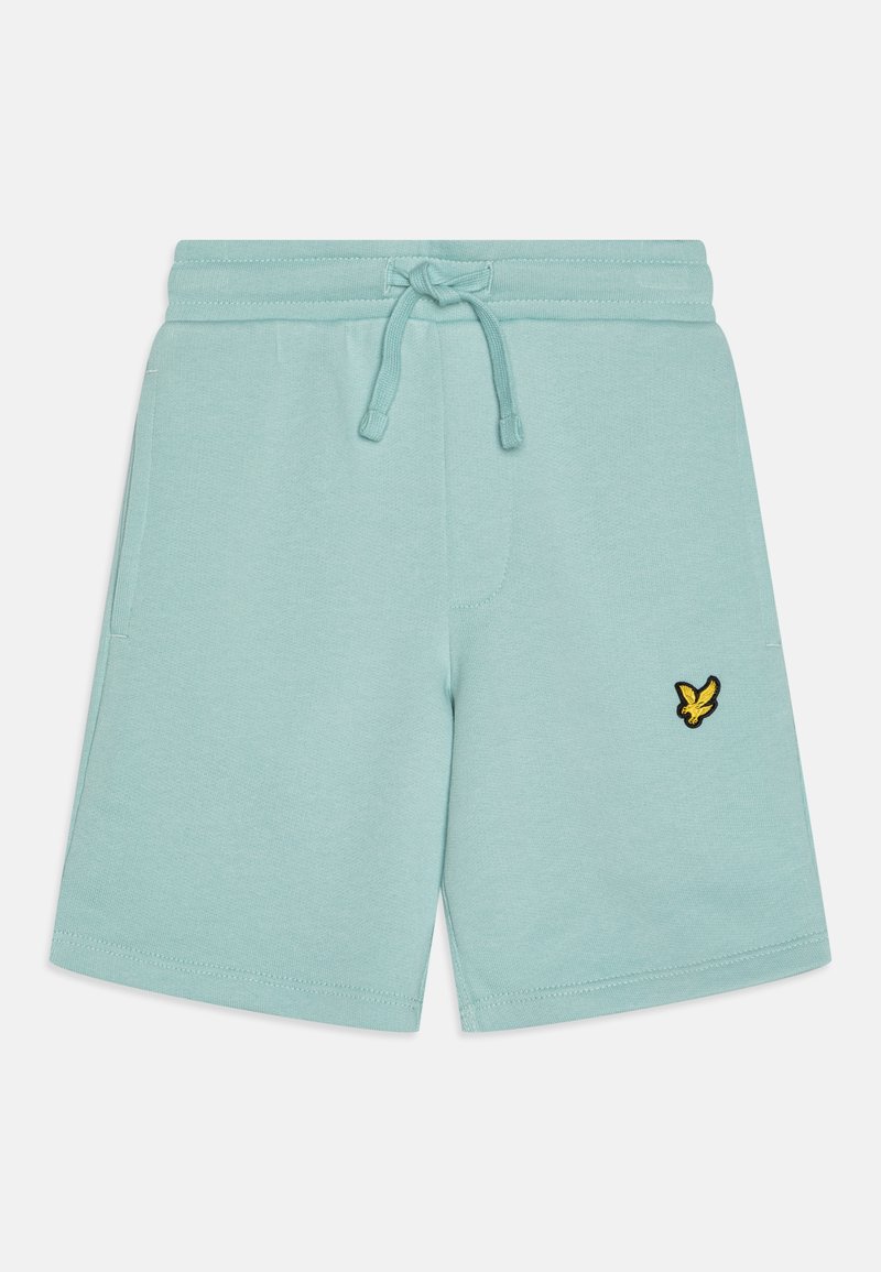 Lyseblå bomullsshorts med elastisk midje, snor detalj, og en liten svart-og-gul sommerfugl-logo på venstre ben.