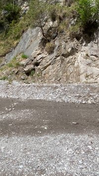 Βραχώδης χωμάτινο μονοπάτι στη βάση απότομου βράχου με αραιό χορτάρι και μικρά δέντρα που αναπτύσσονται στην τραχιά επιφάνεια του βράχου.
