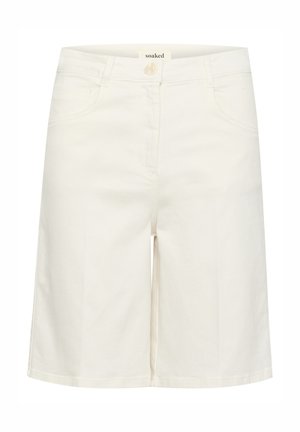 White denim shorts with a classic fit, featuring front and back pockets, a zip fly, and a button closure. Clean lines and minimal design.