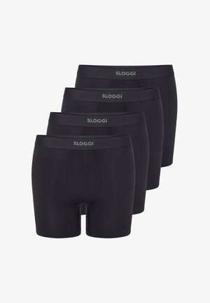 Musta puuvillabokserit, neljän pakkauksen, joissa on sileä pinta ja merkitty elastinen vyötärö, jossa on harmaa "SLOGGI"-logo.