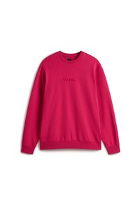 Sweatshirt à col rond à manches longues de couleur rose vif, avec des poignets côtelés et le mot "vans." brodé au centre de la poitrine.