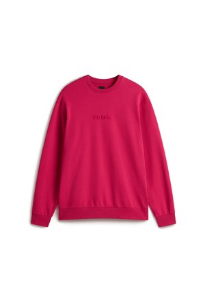 Sudadera de cuello redondo de manga larga en un brillante color rosa, con puños acanalados y el logo "vans." bordado en el centro del pecho.