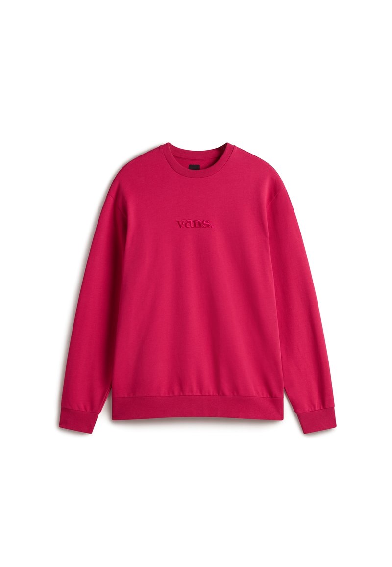 Sweatshirt à col rond à manches longues de couleur rose vif, avec des poignets côtelés et le mot "vans." brodé au centre de la poitrine.