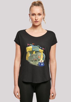 Schwarzes T-Shirt mit Rundhalsausschnitt und kurzen Ärmeln, mit einem bunten Dumbo-Motiv mit Zirkuselementen, auf weichem Stoff bedruckt.