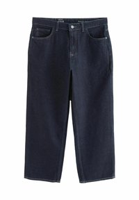 Donkerblauwe baggy jeans van denim, met een tailleband, vijf zakken en stikdetails. De benen zijn wijd en recht gesneden.