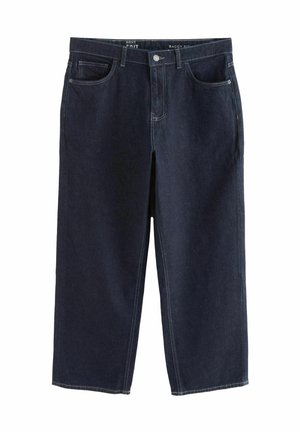 Pantalones vaqueros anchos de color azul oscuro, elaborados en denim, con una cinturilla, cinco bolsillos y detalles de costura. Las piernas son anchas y de corte recto.