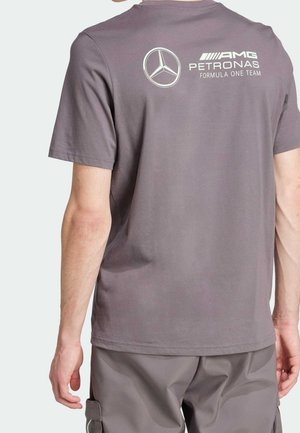 Personne portant un t-shirt gris de l'équipe AMG Petronas de Formule 1, montrant le dos avec le logo et le texte en blanc.