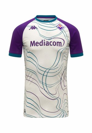 Maillot de football blanc avec manches violettes, bordure turquoise, lignes ondulées abstraites, sponsor "Mediacom", logo Kappa et écusson du club Fiorentina.