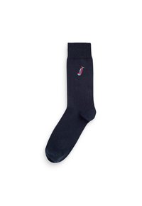 Navy cotton sock with a ribbed cuff, featuring an embroidered red and blue cartoon shoe detail on the side. Smooth texture and fitted design.