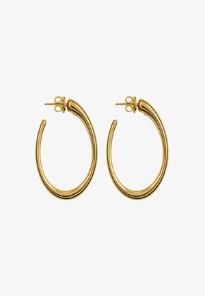 Pendientes de aro de oro con un diseño curvado, que presentan una superficie lisa y un acabado pulido. Cada pendiente tiene un cierre de tipo poste.