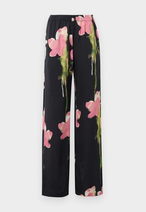 Pantalons larges à motifs floraux avec un fond noir, ornés de fleurs aquarelles roses et verts. Tissu doux avec une taille élastique.