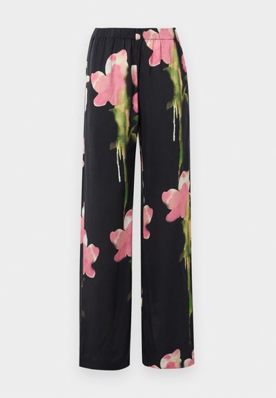 Floral wide-leg pants with a black background, featuring pink and green watercolor-style flowers. Soft fabric with an elastic waistband.