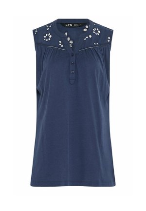 Top azul marino sin mangas con tapeta de botones y detalles de encaje floral calado en los hombros y la parte superior del pecho.