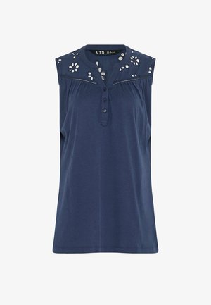 Mouwloze marineblauwe top met een knoopsluiting en bloemenvormige opengewerkte kanten details op de schouders en de bovenborst.