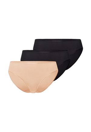 Tre mutande da donna in stile bikini, nere e beige, disposte sovrapposte su uno sfondo bianco.