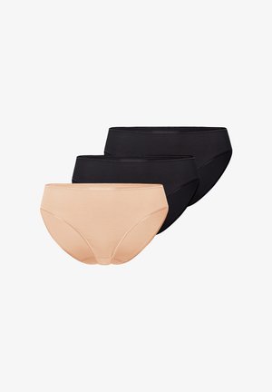 Tre mutande da donna in stile bikini, nere e beige, disposte sovrapposte su uno sfondo bianco.