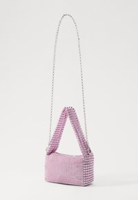 Pink, rectangular bag adorned with rhinestones. Features a chain strap and a structured handle. Smooth texture with reflective accents.