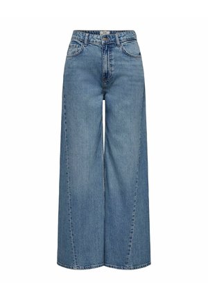 Jean en denim bleu taille haute, jambes larges, avec poches avant, passants pour ceinture, fermeture par bouton, et détails de couture visibles.