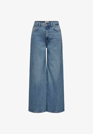 Blå jeans i denim med høyt liv og brede ben, med frontlommer, beltehemper, knappelikning og synlige sømdetaljer.