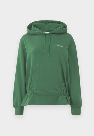 Sweatshirt à capuche vert avec poche kangourou, ourlet élastique et accents à cordon. Tissu doux et coupe décontractée. Broderie de logo discrète sur la poitrine.