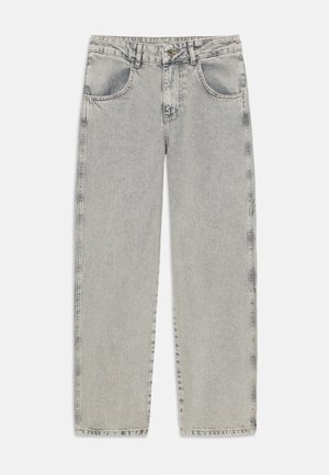 Light washed denim jeans with a straight leg design, five pockets, and a button closure. Features faded texture and subtle stitching details.