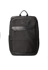 Zaino nero con tessuto testurizzato, dotato di una maniglia superiore, tasca frontale con zip e parte inferiore in ecopelle liscia. Cerniere e logo neri.