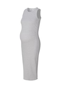 Robe de maternité gris clair, sans manches, en tissu côtelé, coupe ajustée qui s'adapte à un ventre en croissance, longueur au genou.