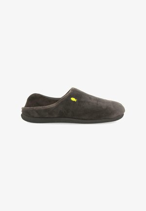 Pantofole slip-on in suede grigio scuro con suola in gomma nera e un piccolo logo di pesce giallo sul lato esterno. Texture morbida, design semplice.