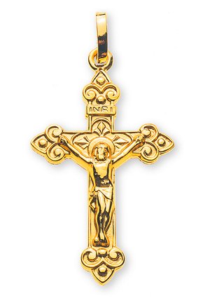 Goldener Kreuzanhänger mit intricate floralen Akzenten, der eine Jesusfigur zeigt, mit der Inschrift "INRI" und einer Schlaufe zum Aufhängen.