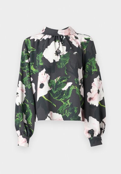 Floral blouse featuring long sleeves, a high collar, and a dark gray background with white and pink flowers and green leaves. Smooth fabric texture.