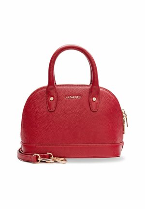 Borsa a tracolla in pelle rossa con un design strutturato, parte superiore arrotondata, doppio manico corto e tracolla rimovibile, con logo dorato.