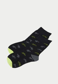 Schwarze Socken mit einem Fahrradmuster in Grau und Neon-Grün, mit kontrastierenden leuchtend grünen und grauen Bündchen sowie einer Zehenspitze.