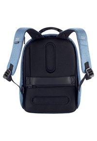 Blue fabric backpack with black mesh padding, featuring adjustable straps, a central strap, and a streamlined design.