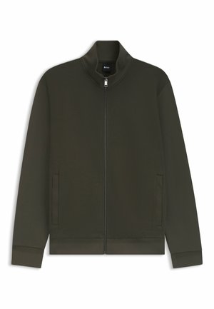 Mørkegrøn zip-up jakke med standkrave, der har to sidelommer og ribbede manchetter og kant. Glat stof med en subtil tekstur.