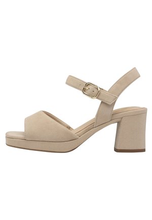 Beežist seemisnahast avatud varbaga sandaal plokktakjaga ja reguleeritava pahkluu rihmaga, millel on kuldne pandla.