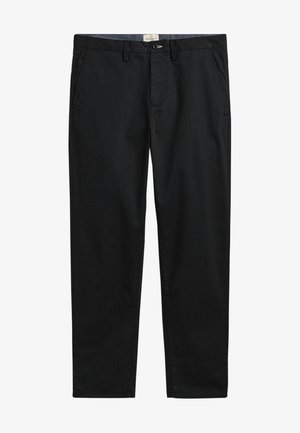 Zwarte chino's met een rechte pijp, gemaakt van katoen, voorzakken en een knoopsluiting. Eenvoudig, strak ontwerp zonder patronen of versieringen.