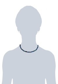 Beaded necklace composed of varying shades of blue, featuring smooth, oval-shaped beads with a glossy finish, arranged in a symmetrical pattern.
